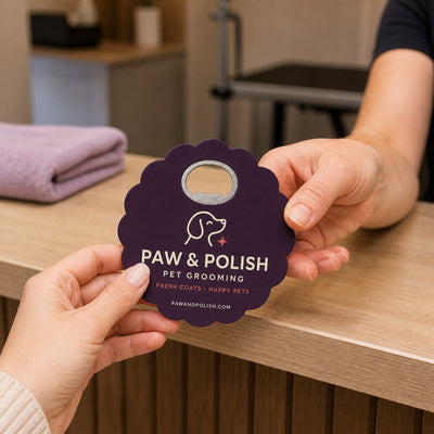 Pet Groomer custom logo bottle opener magnet - handed to a customer