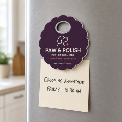 Pet Groomer custom logo bottle opener magnet - kept on a refrigerator door as a reminder