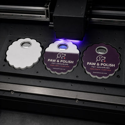Pet Groomer custom logo bottle opener magnet - close-up of the UV printed logo