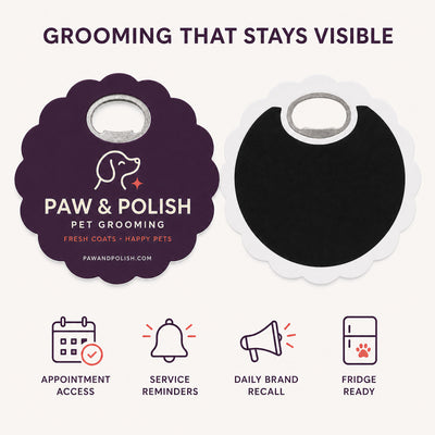Pet Groomer custom logo bottle opener magnet - front and back of the opener magnet