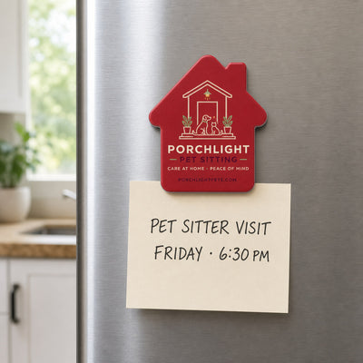 Pet Sitter custom logo bottle opener magnet - kept on a refrigerator door as a reminder