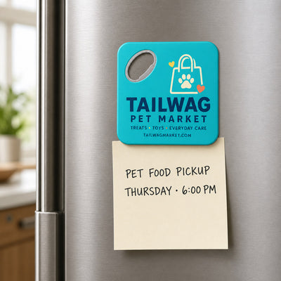 Pet Store custom logo bottle opener magnet - kept on a refrigerator door as a reminder