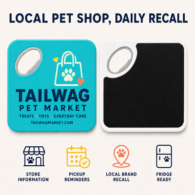 Pet Store custom logo bottle opener magnet - front and back of the opener magnet
