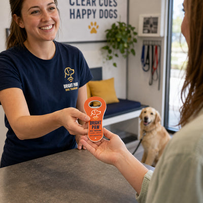 Pet Trainer custom logo bottle opener magnet - handed to a customer