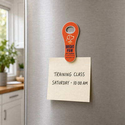 Pet Trainer custom logo bottle opener magnet - kept on a refrigerator door as a reminder