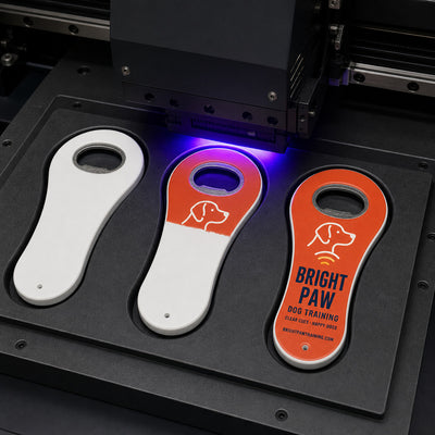 Pet Trainer custom logo bottle opener magnet - close-up of the UV printed logo