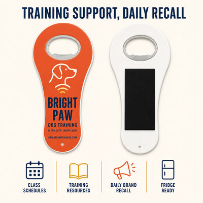 Pet Trainer custom logo bottle opener magnet - front and back of the opener magnet