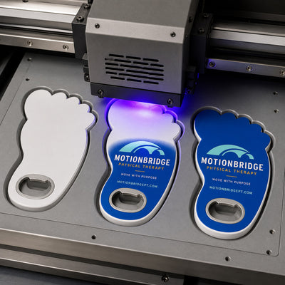 Physical Therapy Clinic custom logo bottle opener magnet - close-up of the UV printed logo