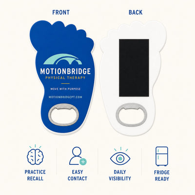 Physical Therapy Clinic custom logo bottle opener magnet - front and back of the opener magnet
