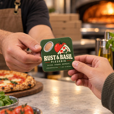 Pizzeria Logo custom logo bottle opener magnet - handed to a customer