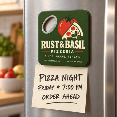 Pizzeria Logo custom logo bottle opener magnet - held on a refrigerator door by its magnetic back