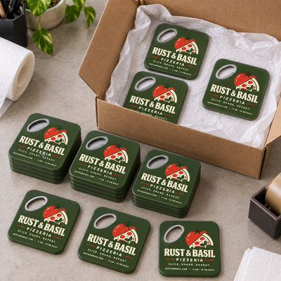 Pizzeria Logo custom logo bottle opener magnet - bulk order laid out before packing