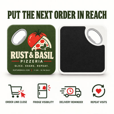 Pizzeria Logo custom logo bottle opener magnet - front and back of the opener magnet