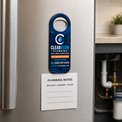 Plumber Promotional custom logo bottle opener magnet - held on a refrigerator door by its magnetic back