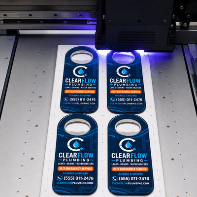 Plumber Promotional custom logo bottle opener magnet - close-up of the UV printed logo