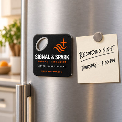 Podcast Merchandise custom logo bottle opener magnet - held on a refrigerator door by its magnetic back