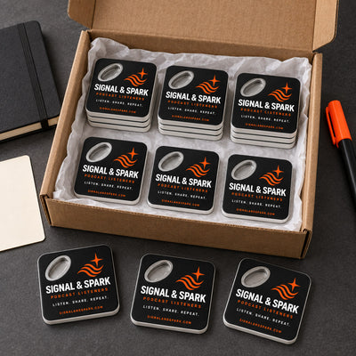 Podcast Merchandise custom logo bottle opener magnet - bulk order laid out before packing