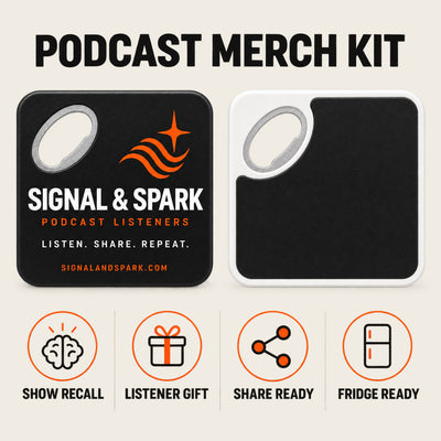 Podcast Merchandise custom logo bottle opener magnet - front and back of the opener magnet