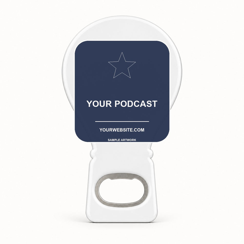 Podcast Merchandise Bottle Opener Magnets — sample front artwork