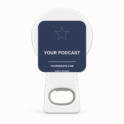 Podcast Merchandise Bottle Opener Magnets — sample front artwork