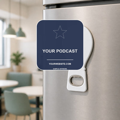 Podcast Merchandise Bottle Opener Magnets — lifestyle product mockup