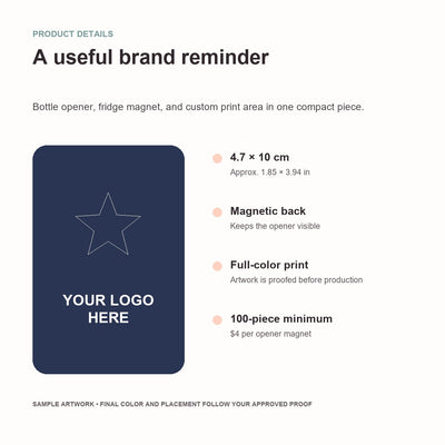 Podcast Merchandise Bottle Opener Magnets — product size and feature guide