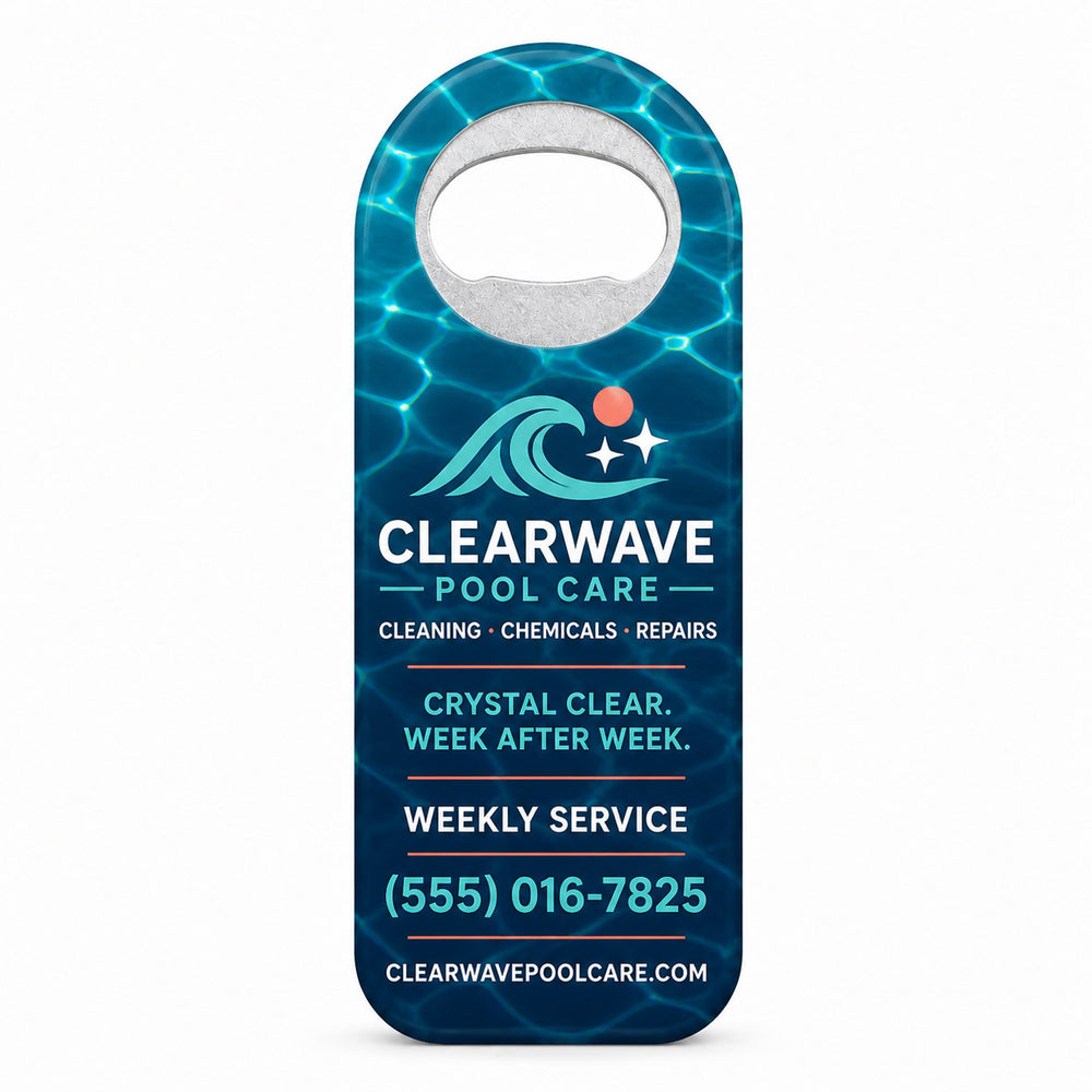 Pool Service custom logo bottle opener magnet - front view of the printed promotional magnet