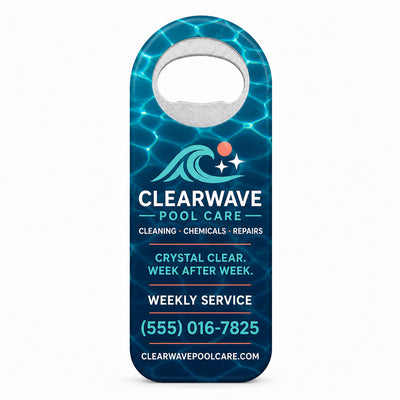 Pool Service custom logo bottle opener magnet - front view of the printed promotional magnet