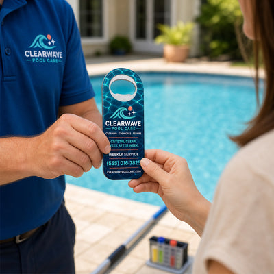 Pool Service custom logo bottle opener magnet - handed to a customer after a service call
