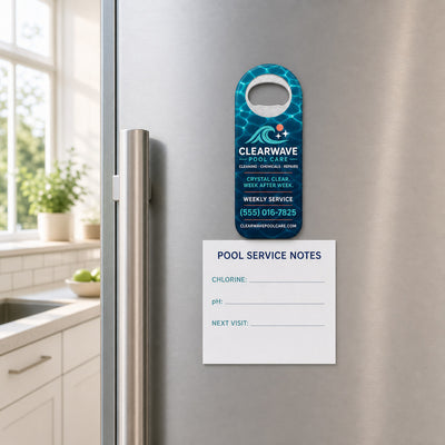 Pool Service custom logo bottle opener magnet - held on a refrigerator door by its magnetic back