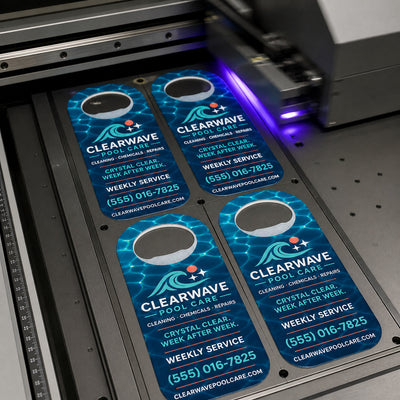 Pool Service custom logo bottle opener magnet - close-up of the UV printed logo
