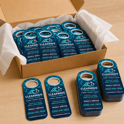 Pool Service custom logo bottle opener magnet - bulk order laid out before packing