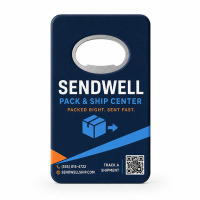 Postal and Shipping Store custom logo bottle opener magnet - front view of the printed promotional magnet