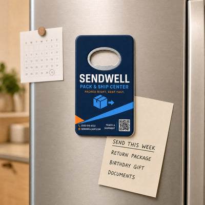 Postal and Shipping Store custom logo bottle opener magnet - held on a refrigerator door by its magnetic back
