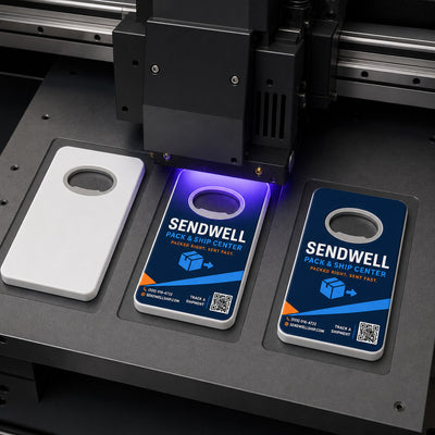 Postal and Shipping Store custom logo bottle opener magnet - close-up of the UV printed logo
