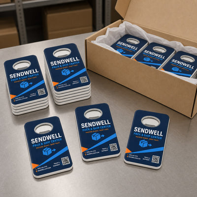 Postal and Shipping Store custom logo bottle opener magnet - bulk order laid out before packing