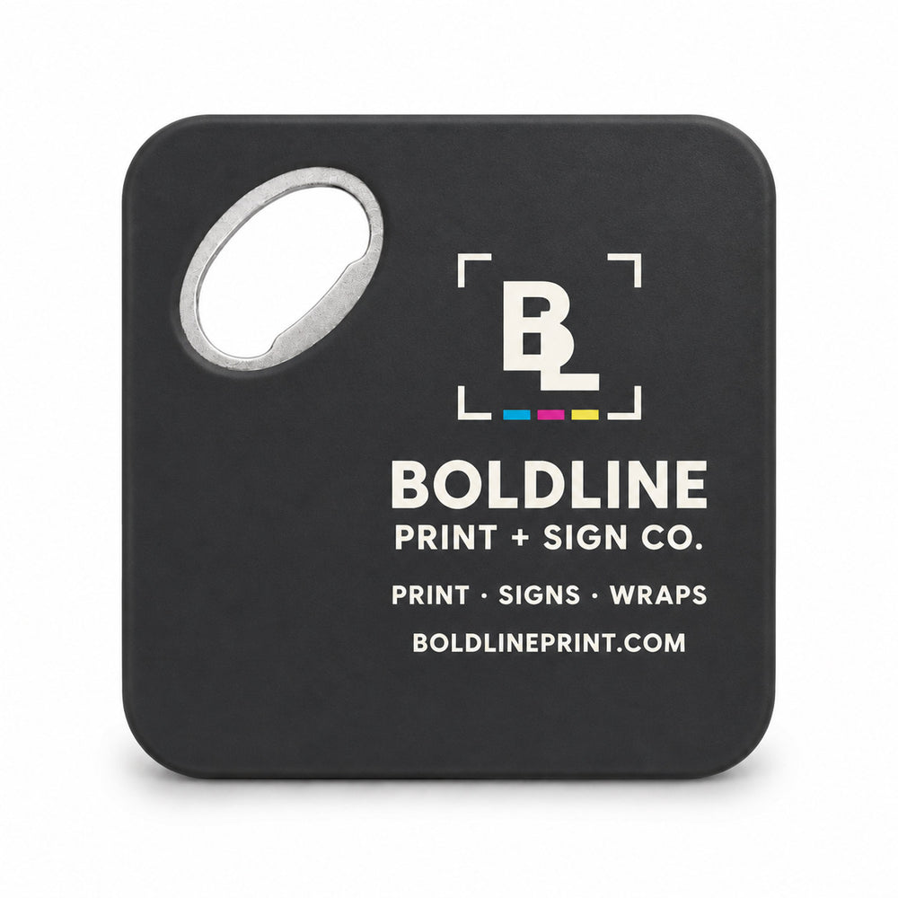 Print and Sign Shop custom logo bottle opener magnet - front view of the printed promotional magnet
