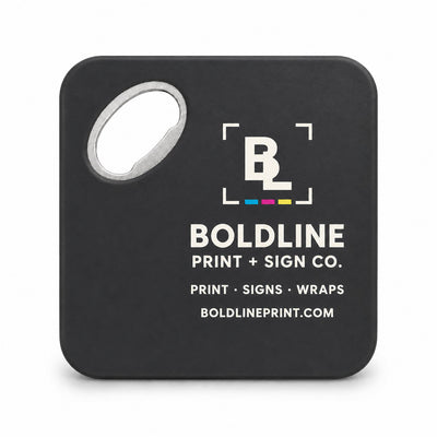 Print and Sign Shop custom logo bottle opener magnet - front view of the printed promotional magnet