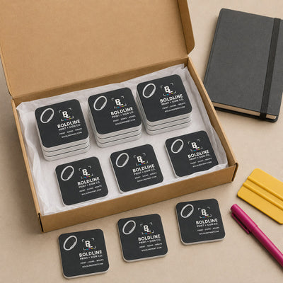 Print and Sign Shop custom logo bottle opener magnet - bulk order laid out before packing