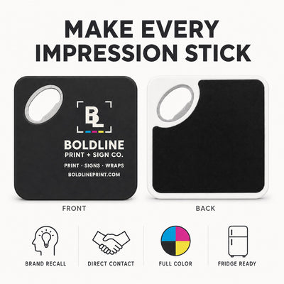 Print and Sign Shop custom logo bottle opener magnet - front and back of the opener magnet