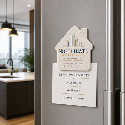 Property Developer custom logo bottle opener magnet - held on a refrigerator door by its magnetic back
