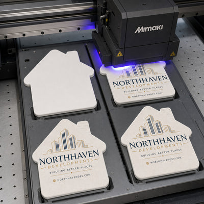 Property Developer custom logo bottle opener magnet - close-up of the UV printed logo