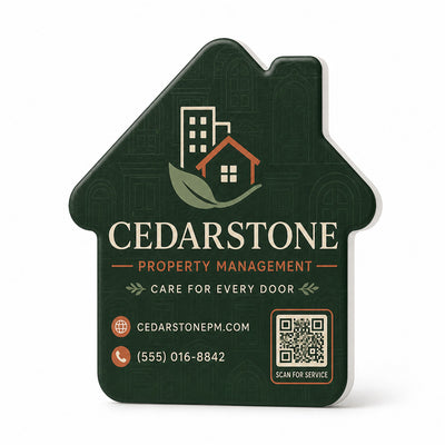 Property Management custom logo bottle opener magnet - front view of the printed promotional magnet