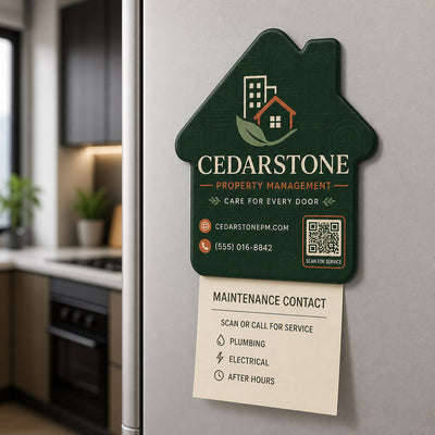 Property Management custom logo bottle opener magnet - held on a refrigerator door by its magnetic back