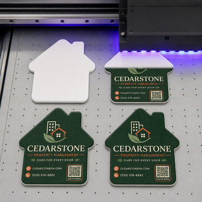 Property Management custom logo bottle opener magnet - close-up of the UV printed logo