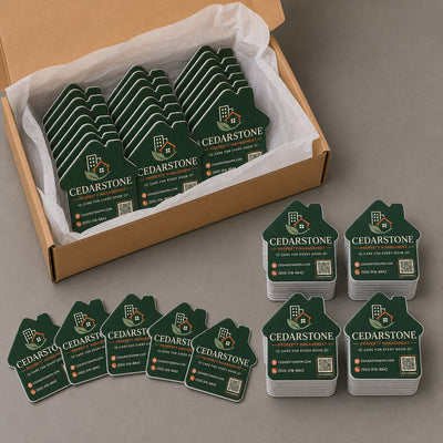 Property Management custom logo bottle opener magnet - bulk order laid out before packing