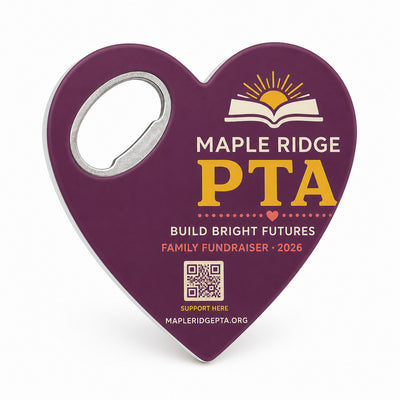 PTA Fundraiser custom logo bottle opener magnet - front view of the printed promotional magnet