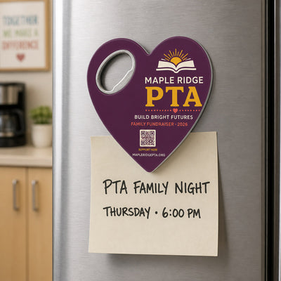 PTA Fundraiser custom logo bottle opener magnet - kept on a refrigerator door as a reminder