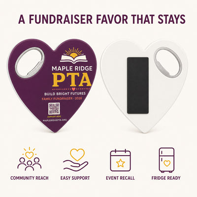 PTA Fundraiser custom logo bottle opener magnet - front and back of the opener magnet