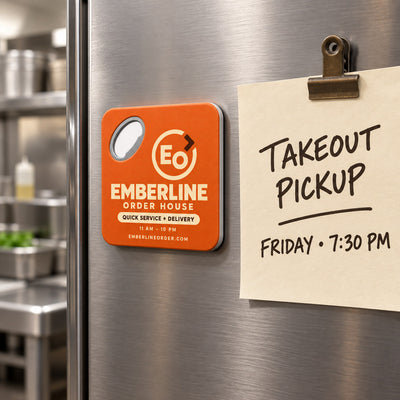 Quick Service Restaurant custom logo bottle opener magnet - held on a refrigerator door by its magnetic back